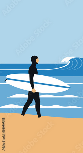 Surfer Walking Towards Ocean With Surfboard Awaiting Waves