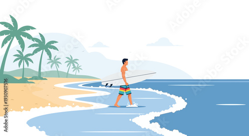 Surfer Walking Toward Ocean Carrying Surfboard On Sunny Beach Illustration Vector