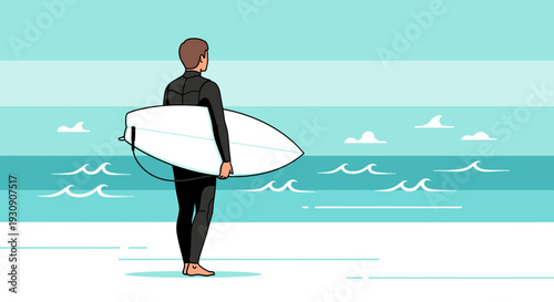 Surfer Standing on the Beach Observing the Ocean and Anticipating Surfing Activity