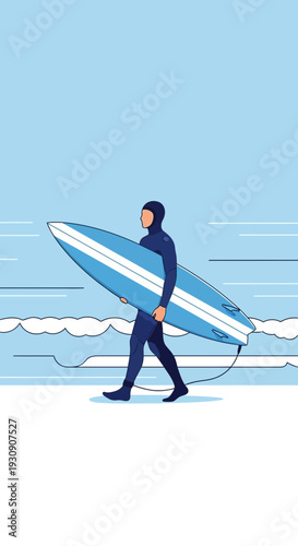Surfer Walking With Surfboard Towards Ocean Waves Minimalist Style