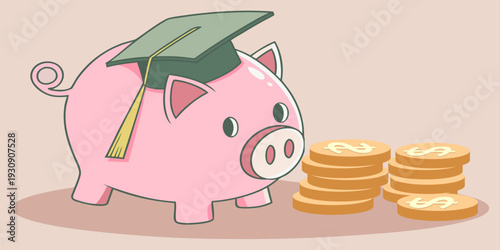 Piggy bank wearing graduation cap with coins symbolizing academic achievement, education funding, scholarship savings, student finance planning, and future success concept.