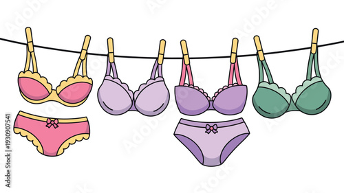 Cheerful illustration of women's colorful bras and panties hanging on a clothesline with clothespins, representing fresh laundry and everyday domestic routines