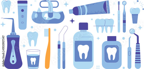 Blue dental care and tools with toothbrushes and toothpaste dental tools