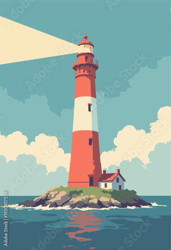 towering coastal Lighthouse, drawn sharp, exaggerated perspective light beam cuts through scene as solid, semitransparent cream triangle Heroic geometry No text