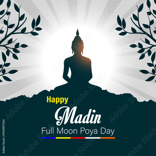Medin poya day wishes Happy Full Moon Poya Day Vector with Buddha Silhouette, Sacred Bodhi Tree Branches, and Radiant Aura for Buddhist Celebration