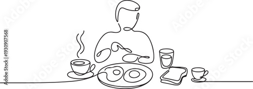 Continuous single line one morning, breakfast, meal character at the table. Coffee, fried eggs, tea, toast, juice. one line Icon drawing