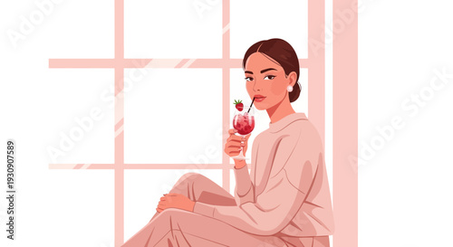 Stylish Woman Enjoying Refreshing Strawberry Cocktail Near Window Light