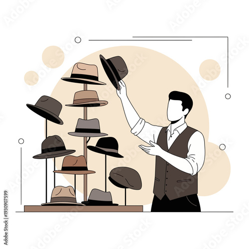 Stylish Man Selects Fashionable Hat from Diverse Collection