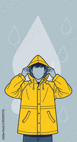 Stylized Person Wearing Bright Yellow Raincoat In Rainy Weather Illustration