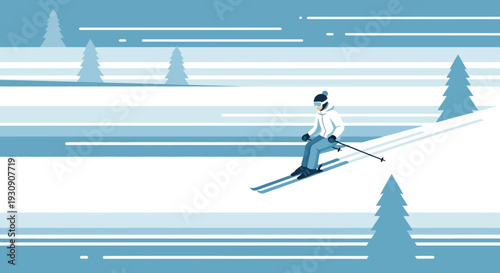 Stylized Winter Descent On Snowy Slopes With Evergreen Trees
