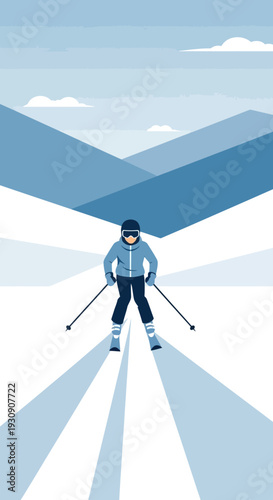 Stylized Winter Mountain Skiing Adventure with Flat Design Skier