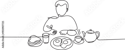 Continuous single line one morning, breakfast, meal character at the table. Coffee, fried eggs, tea, toast, juice. one line Icon drawing
