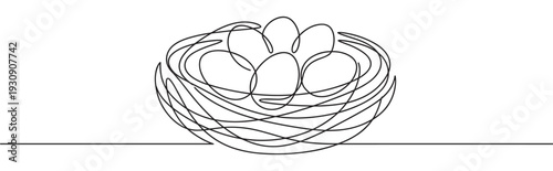 Bird's nest with eggs, a continuous line art illustration, represents the delicate beauty of new life, family, and protection within nature.