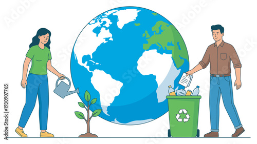 People actively caring for the Earth by planting trees and recycling waste materials for a sustainable future.