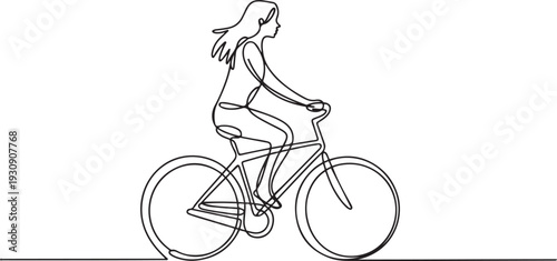 Continuous one line drawing  woman girl on a bicycle. one line Icon drawing