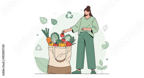 Sustainable Grocery Shopping With Fresh Produce And Eco Friendly Bag