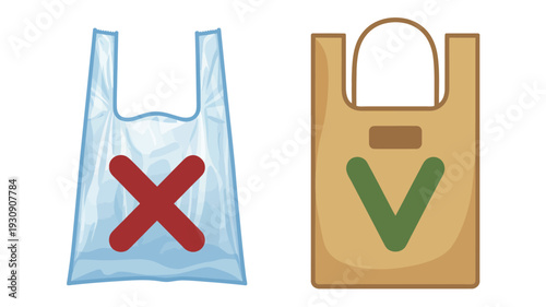 Illustration comparing a prohibited plastic bag with a green checkmark to an eco-friendly paper bag with a green checkmark, promoting sustainability and waste reduction