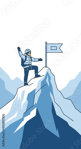 Summit Success Climber Raises Arm Victoriously With Flag On Snowy Peak