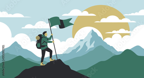 Summiting Peaks Reaching Goals Climber Celebrates Victory atop Mountain Summit Scenic Landscape