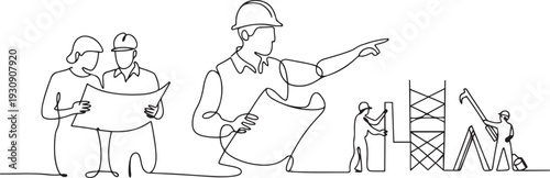 One continuous single drawn line art doodle customer and architect with drawings, foreman, construction, repair. one line Icon drawing