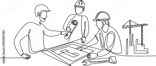 One continuous single drawn line art doodle customer and architect with drawings, foreman, construction, repair. one line Icon drawing