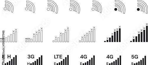 Mobile Network Signal Strength Icon Set with WiFi Levels, Cellular Bars, 3G, 4G, LTE, and 5G Indicators for Apps and Interfaces