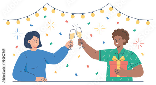Two people toasting champagne glasses celebrating a special occasion with festive string lights, colorful confetti, and a wrapped gift.