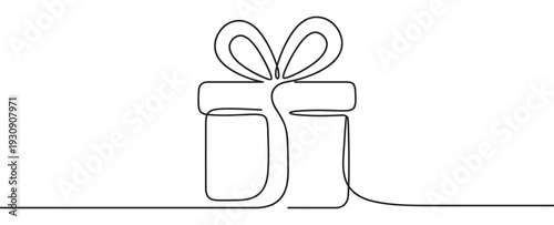 Continuous line drawing gift box with ribbon bow symbolizing celebration, surprise, and the joy of giving presents.