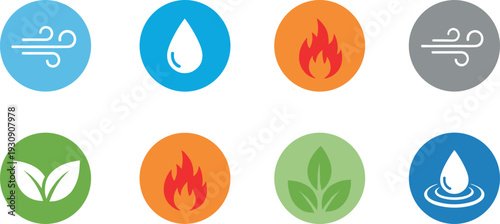 Nature Element Icon Set with Air, Water, Fire, and Leaf Symbols in Flat Circle Style for Environment, Energy, Weather, and Eco Design Projects