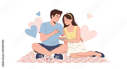 Sweet Couple Sharing A Delicious Cake On A Romantic Picnic Date