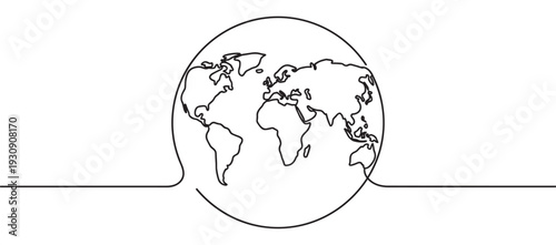 Earth globe vector illustration drawn with a continuous line, symbolizing global connection and unity across continents.