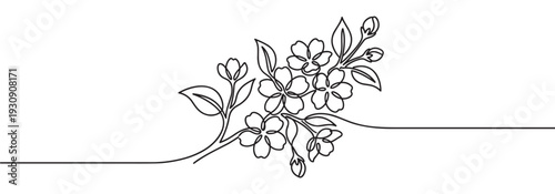 Continuous line drawing floral branch with blooming flowers and delicate leaves creating an elegant minimalist botanical illustration.