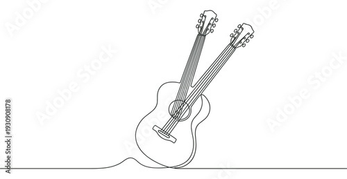 Two acoustic guitars, a minimalist continuous line drawing, illustrate the beauty of musical instruments and artistic expression.