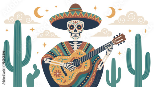 Festive skeleton playing a guitar in a desert scene surrounded by saguaro cacti, clouds, and celestial elements under a starry night sky.
