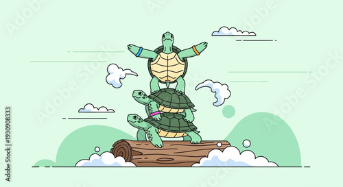 Teamwork And Unity Three Turtles Stacked High On A Log