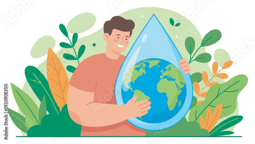 Man holding water droplet with Earth inside, symbolizing global water conservation and environmental care for the future.