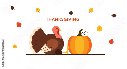 Thanksgiving Festivities Depicted With a Turkey, Pumpkin, and Autumnal Foliage