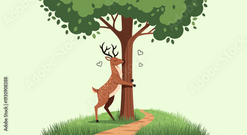 Tender Embrace Gentle Deer Hugs A Majestic Tree