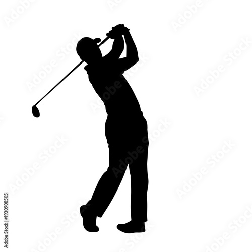 Silhouette of a golfer mid swing on a plain white background.