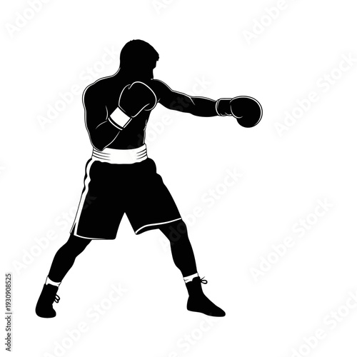 Silhouette of a boxer in a powerful fighting stance ready to throw a punch.