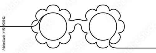 Eyeglasses with flower-shaped frames are depicted in a minimalist continuous line art drawing, showcasing a simple and elegant design.