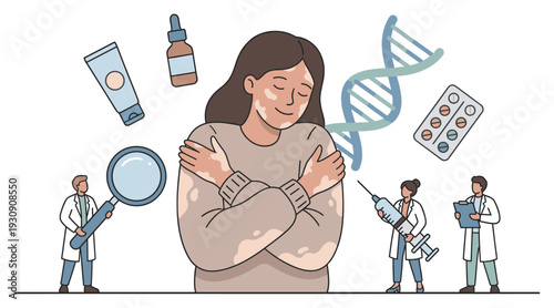 Woman with vitiligo embraces herself, surrounded by doctors, DNA, and various treatment options for skin conditions.