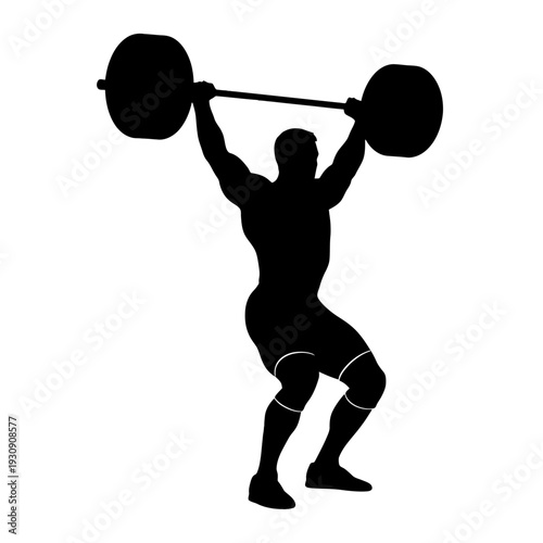 Silhouette of weightlifter performing overhead lift with barbell, showcasing strength and athleticism.
