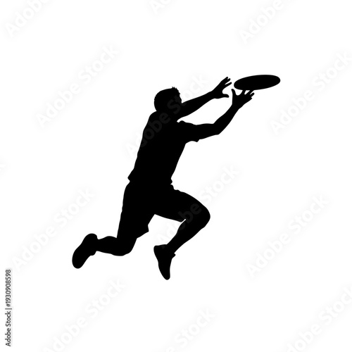 Athlete in midair catching a frisbee during outdoor sport, a dynamic jumping action silhouette.