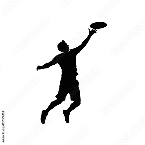 Silhouette of a person jumping to catch a frisbee during an outdoor sport scene.