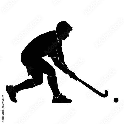 Silhouette of a field hockey player in motion with a stick and ball.