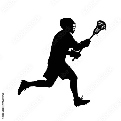 Silhouette of Lacrosse Player in Action with Stick and Net.