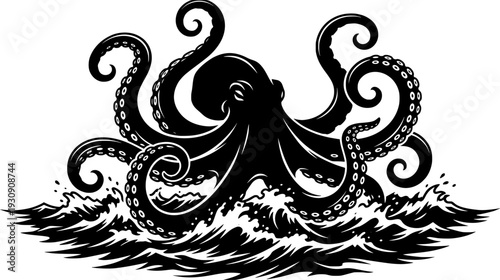Giant octopus silhouette rising from stormy ocean waves with curling tentacles, black and white vector art, logo design, isolated on white background
