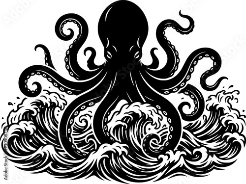 Giant octopus silhouette rising from stormy ocean waves with curling tentacles, black and white vector art, logo design, isolated on white background
