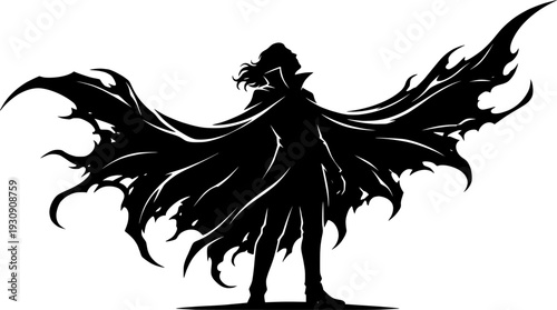 Dramatic black silhouette of a vampire figure looking upward with a dramatically flowing, wide cape, gothic horror vector art